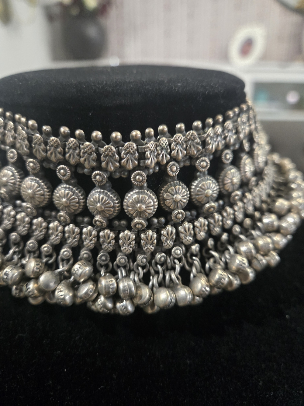 Boho Antique Silver Tone Floral Choker Necklace